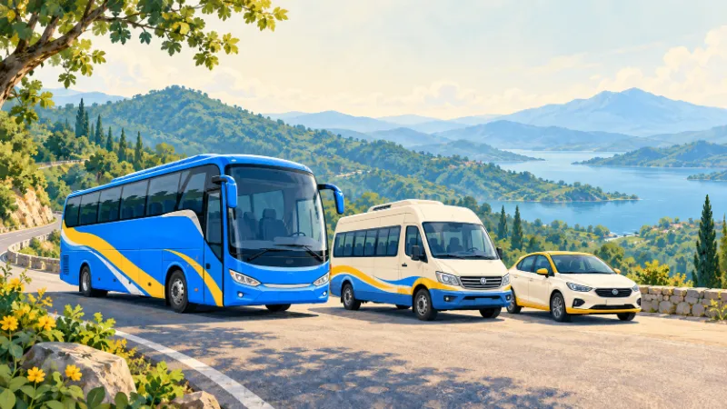 Travel illustration of generic coach, traveller and car options for a group journey.