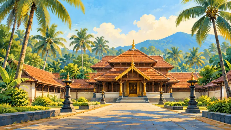 Editorial illustration of a generic Kerala temple courtyard and palms.