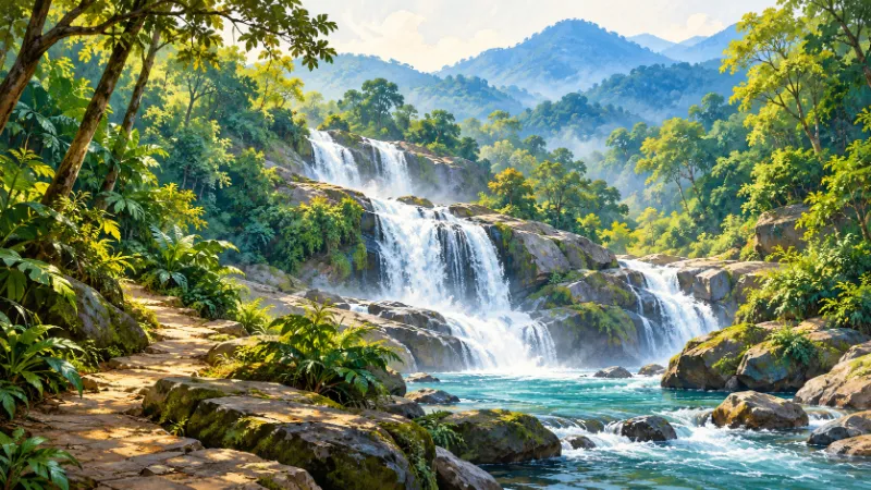 Editorial illustration of a forest waterfall and shaded path.