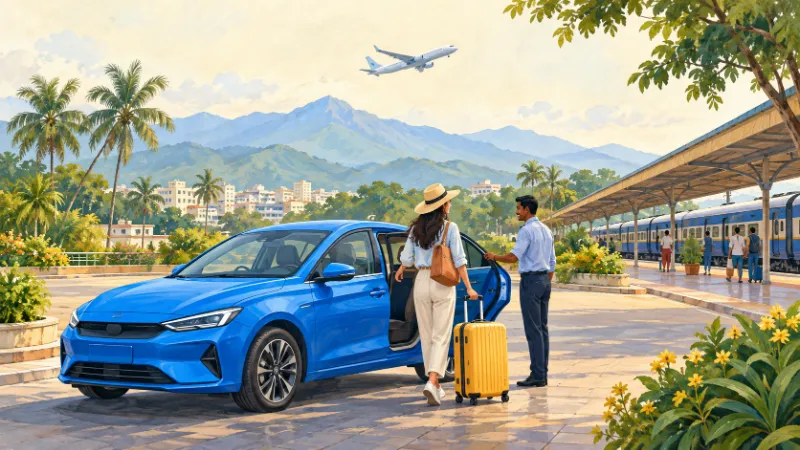 Travel illustration of a taxi pickup connecting airport and railway journeys.